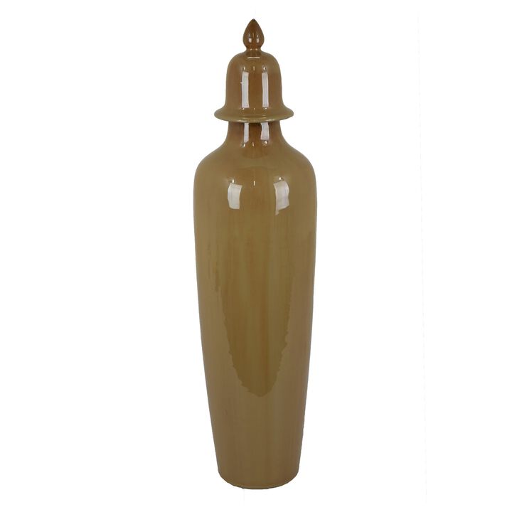 Jesi Accent Temple Jar with Lid, Decorative Brown Ceramic, 29 Inch - Benzara