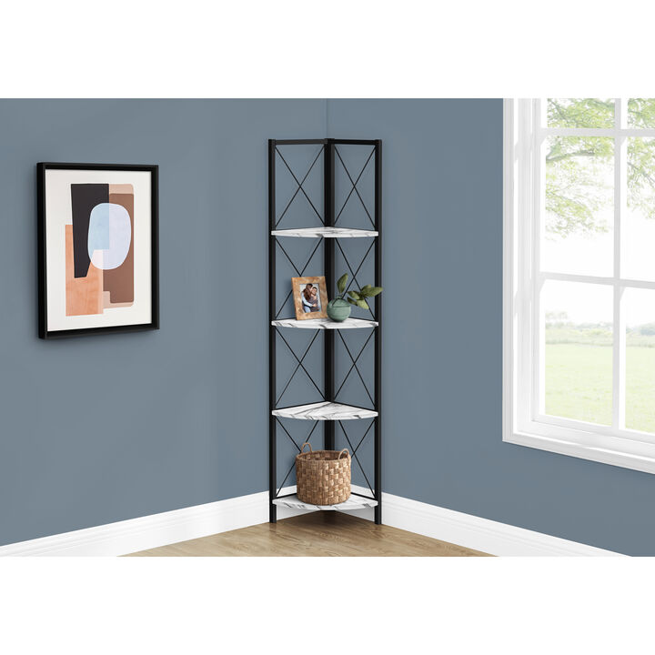 Monarch Specialties I 3651 Bookshelf, Bookcase, Etagere, Corner, 4 Tier, 60"H, Office, Bedroom, Metal, Laminate, White Marble Look, Black, Contemporary, Modern