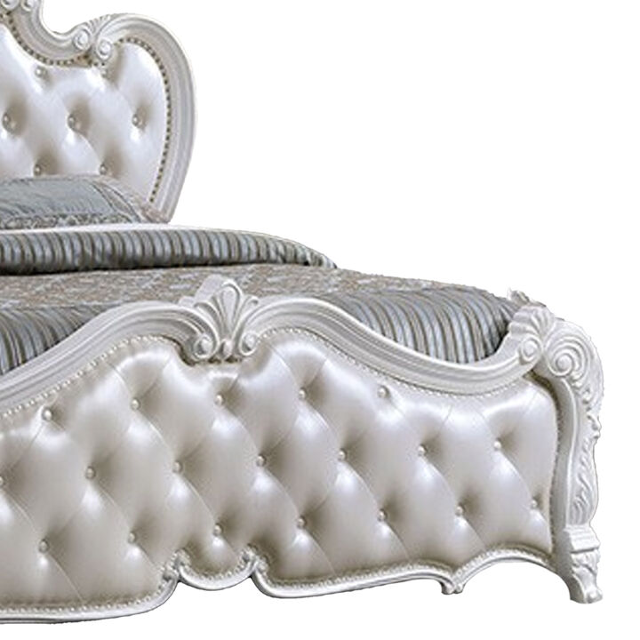 Venta Queen Size Bed, Pearl White Button Tufted Faux Leather Upholstery - Benzara