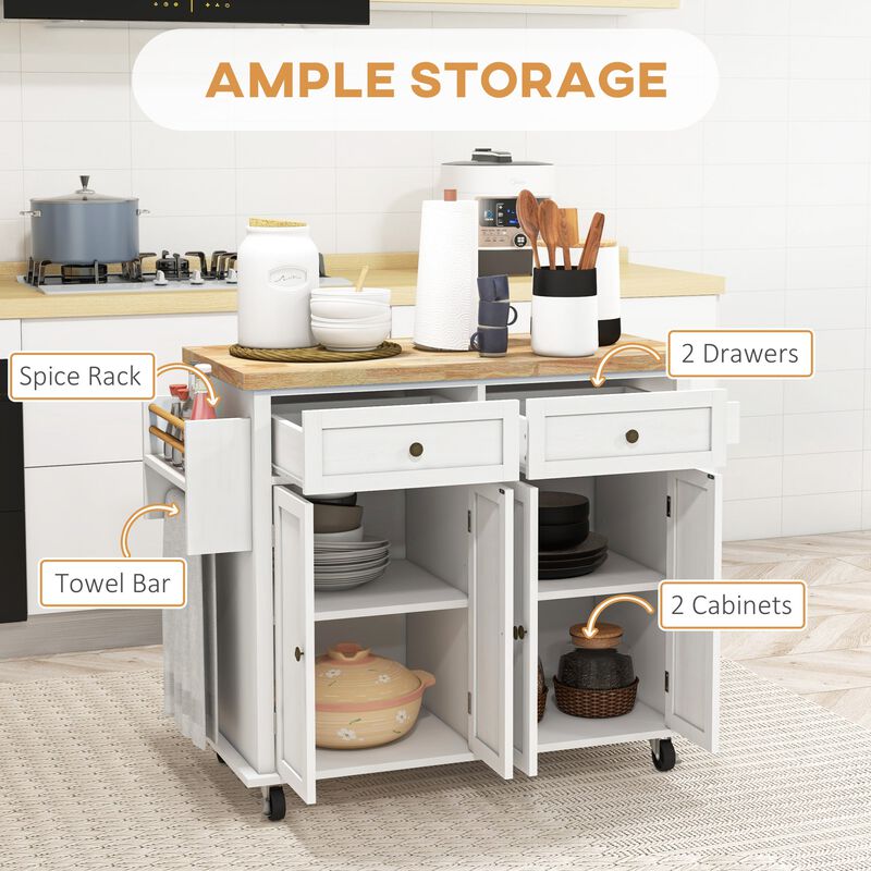 White Kitchen Island Cart: Rubberwood Top, Storage Drawers