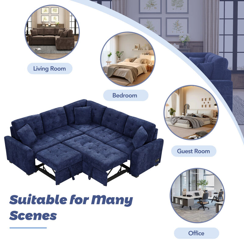 82.6" L-Shape Sofa Bed with USB Ports and Wheels, Navy Blue