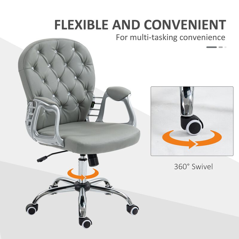 Gray PU Leather Desk Chair: Tufted, Padded Arms, Adjustable