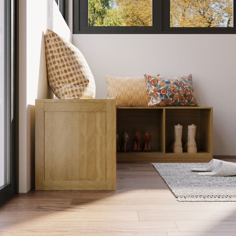 FUFU&GAGA Corner Bench Shoe Cabinet with 4Storage Compartments, P2 MDF, Natural Wood Finish (63" W x 47.2" D x 17.7" H), Light Oak