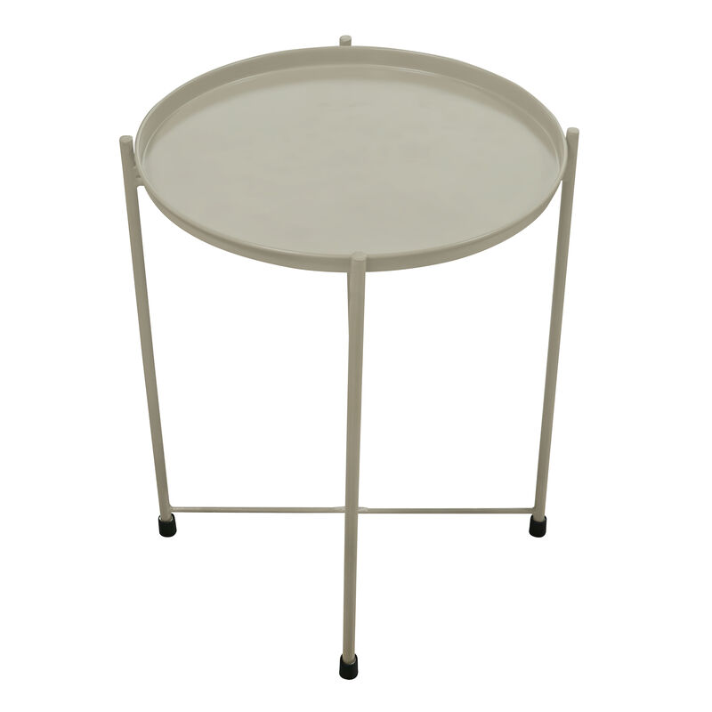 18 Inch Modern Side End Table, Round Metal Tray Top, Foldable Legs, Beige - Benzara
