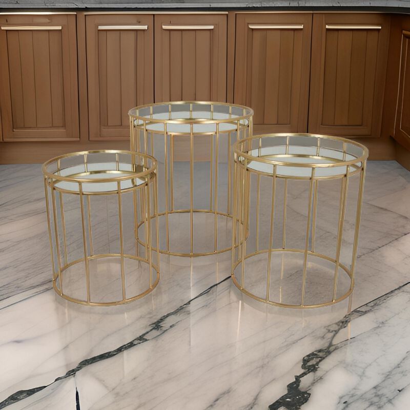 20 Inch Plant Stand Table Set of 3, Gold Metal Frame, Mirror Tray Top - Benzara