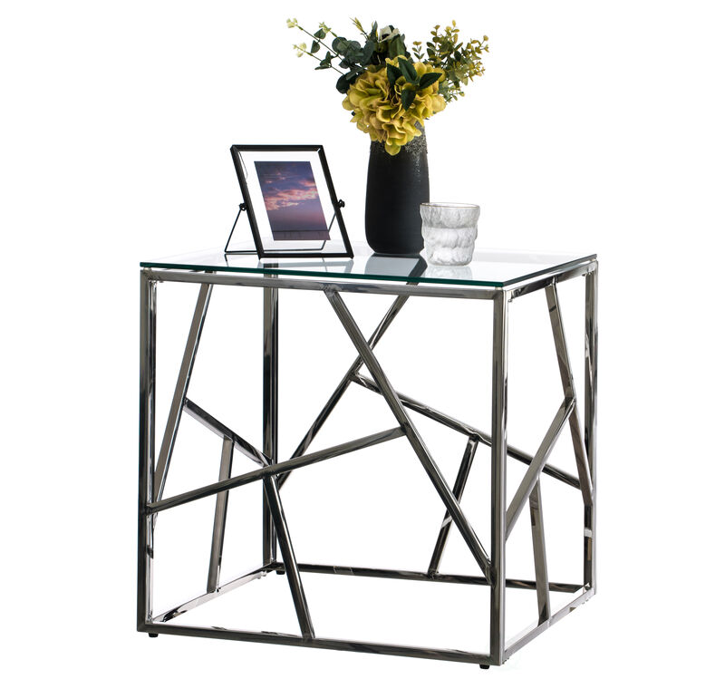 Modern Square End Side Table, Tempered Glass Top Metal Coffee Table, Silver
