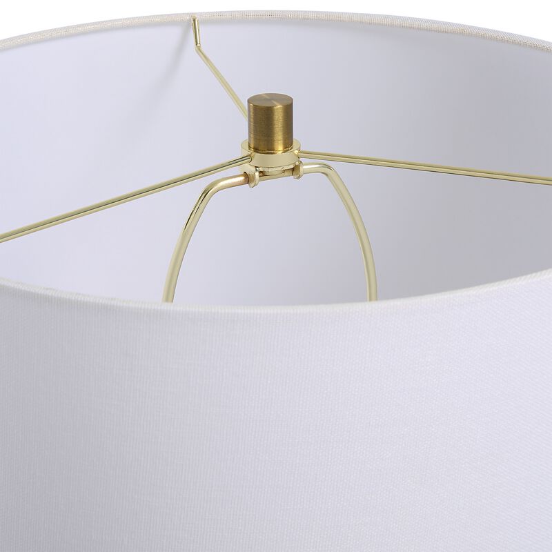 27 Inch Table Lamp, White Round Hardback Drum Shade, Black, Gold Accents - Benzara