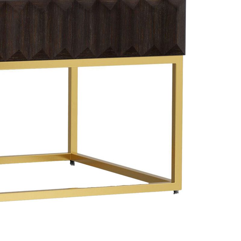 Bran 48 Inch Rectangular Coffee Table, Brown Wood, Gold Base, 2 Drawers-Benzara