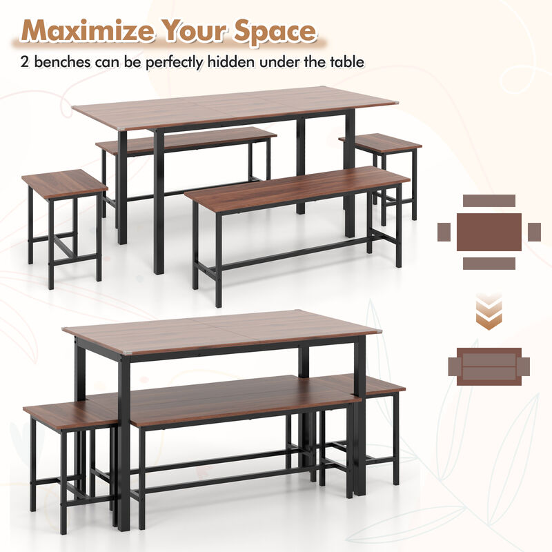 5 Piece Dining Table Set for 4-6 with 2 Benches & 2 Stools for Kitchen Dining Room
