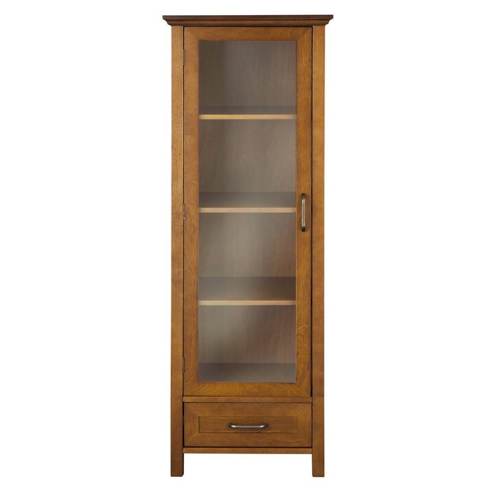 Hivvago Oak Finish Linen Tower Glass Door Bathroom Storage Cabinet w/ Drawer