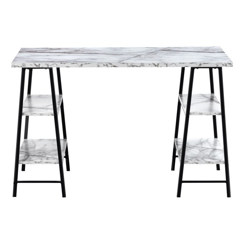Monarch Specialties I 7527 Computer Desk, Home Office, Laptop, Storage Shelves, 48"L, Work, Metal, Laminate, White Marble Look, Black, Contemporary, Modern