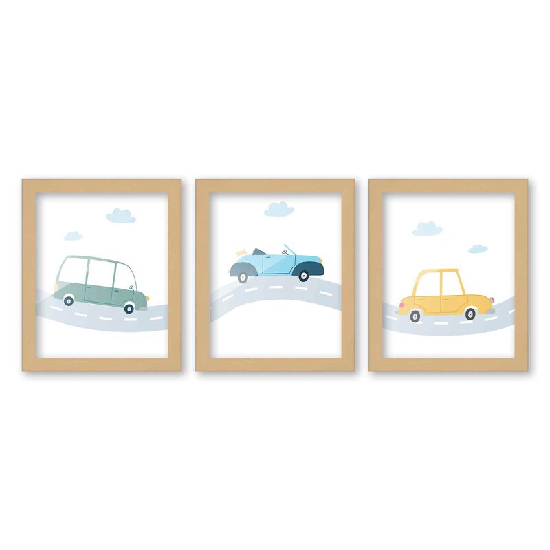 8x10 Framed Nursery Wall Art Set of 3 Hand Drawn Car Prints in Natural Wood Frames