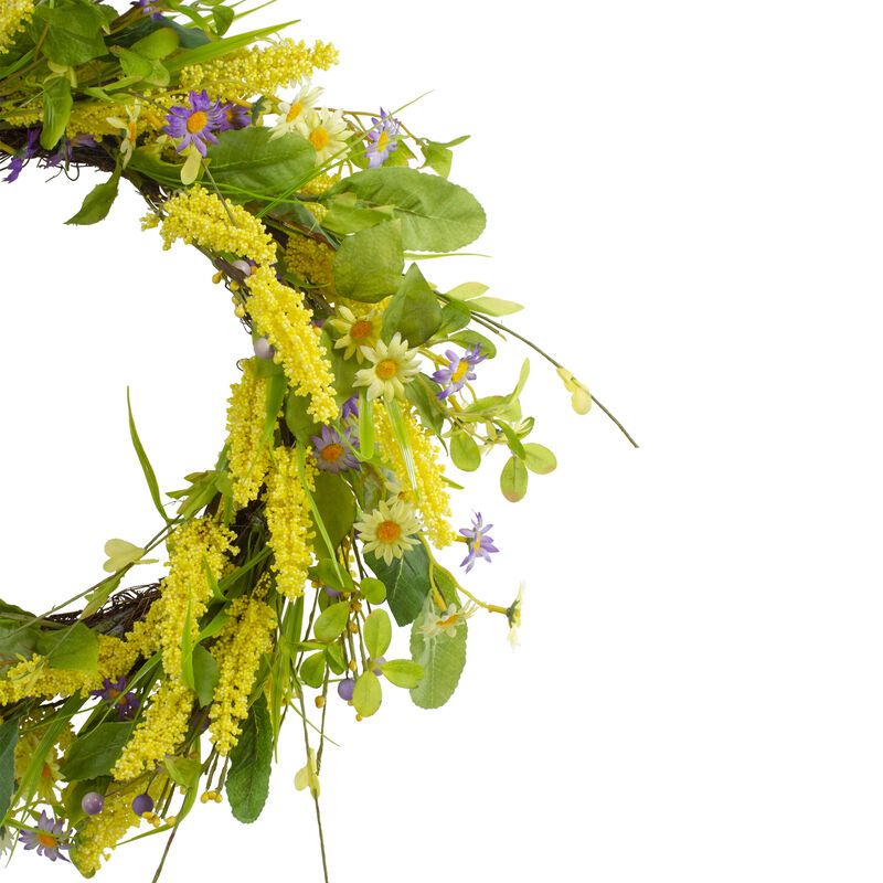 Daisy and Berry Floral Spring Wreath  Yellow and Purple 25"