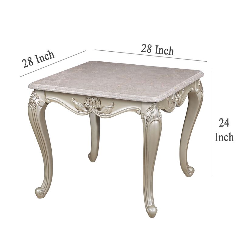Kerra Side End Table, Beige Marble, Classic Carved Champagne 28 Inch - Benzara