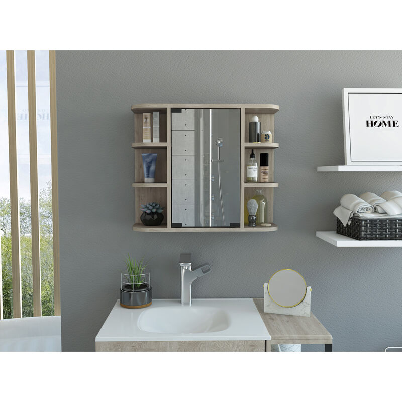 Milan Medicine Cabinet, Six External Shelves Mirror, Three Internal Shelves - Light Gray