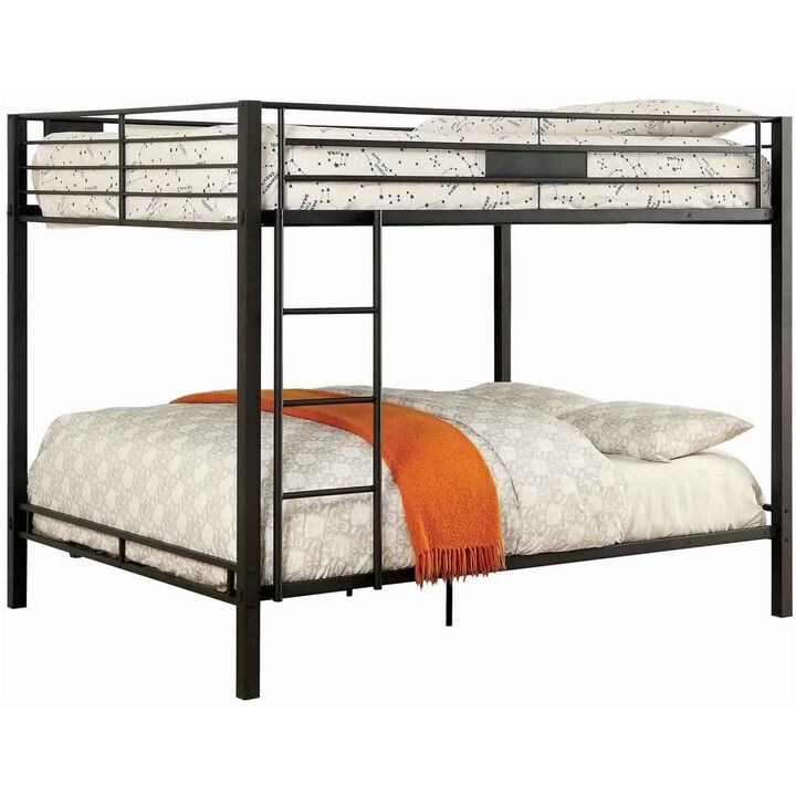 Horizontal Slatted Metal Queen Over Queen Bunk Bed with Ladder, Black - Benzara