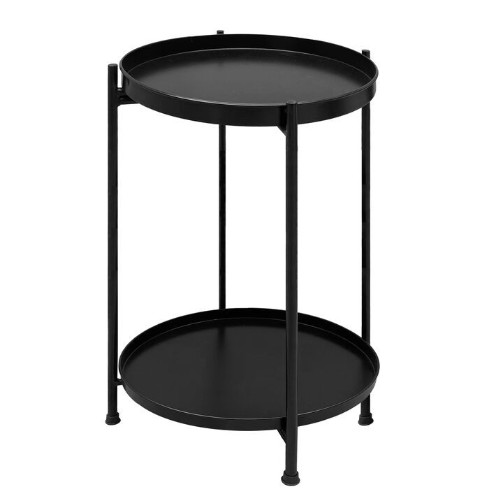 15 Inch Modern Side End Table, Metal Round Tray Top, Foldable Legs