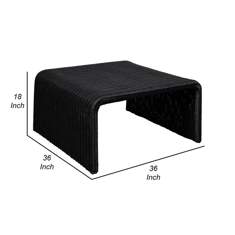 Gigi 36 Inch Coffee Table, Black Woven Rattan, Square Waterfall Edges - Benzara