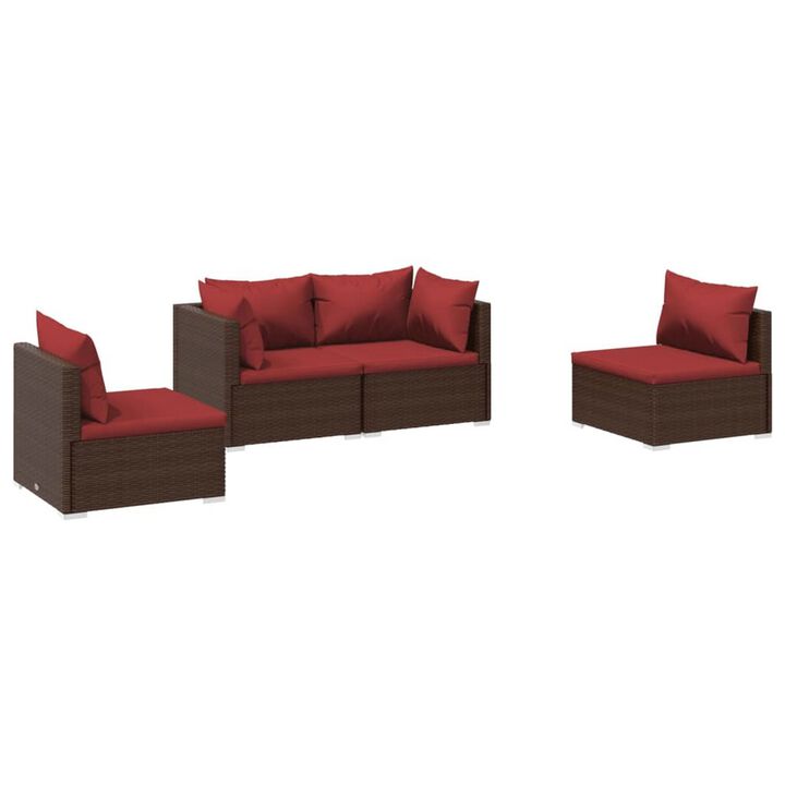 Joez 4pc Outdoor Modular Lounge Sofa Set, Coffee Table, Rattan, Red - Benzara