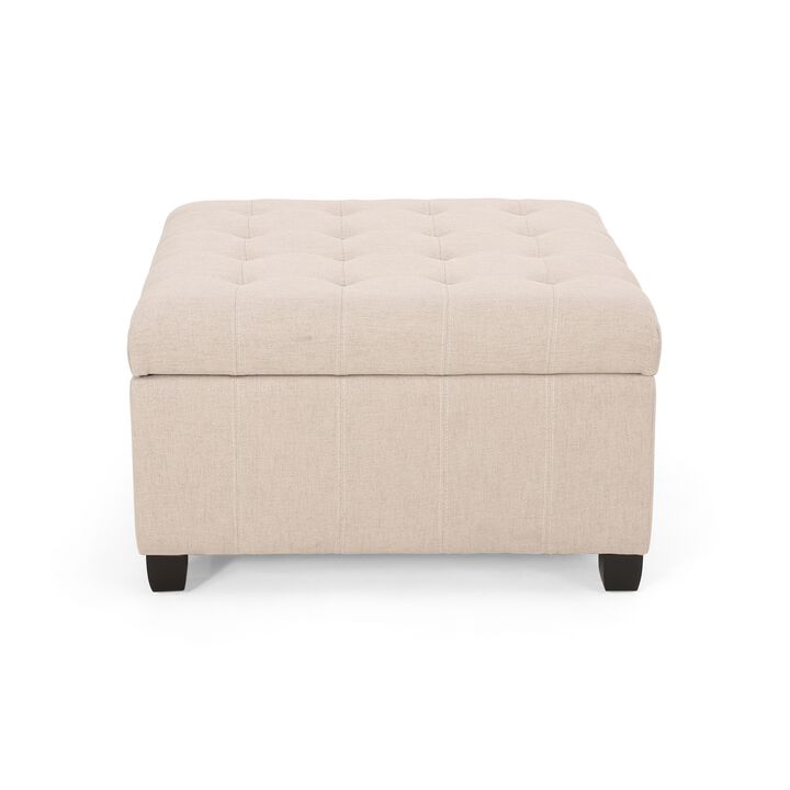 Cindy Storage Ottoman, Tufted Wheat Polyester, Brown Wood, 31 Inch - Benzara