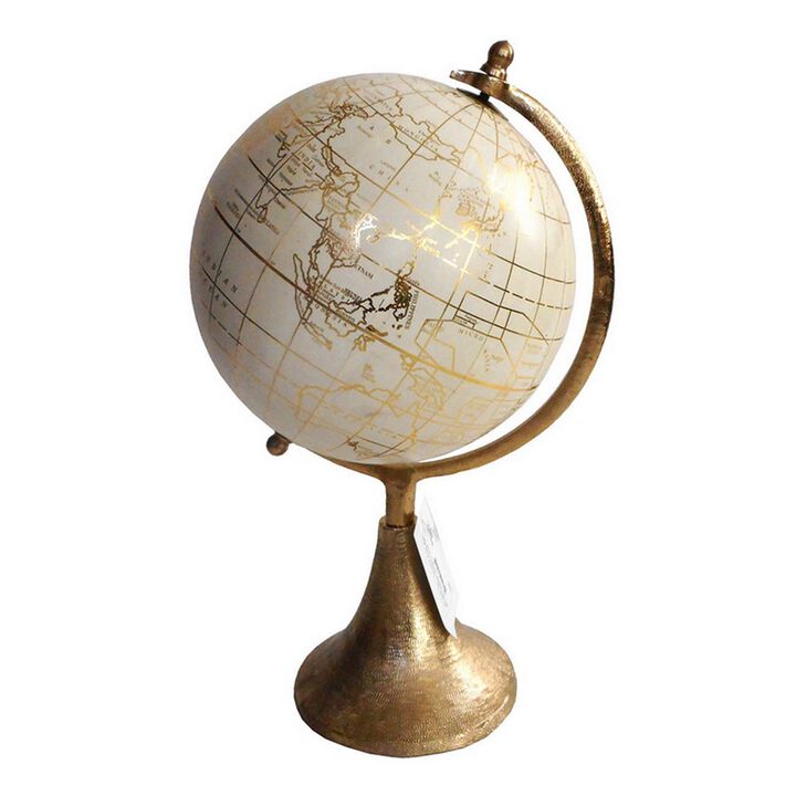 15 Inch Modern Accent Globe, Smooth Turning, White With Gold Aluminum Stand - Benzara