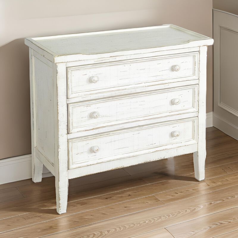 Rena Side End Table with 3 Drawers, 28 Inch Rustic White Mahogany Wood - Benzara