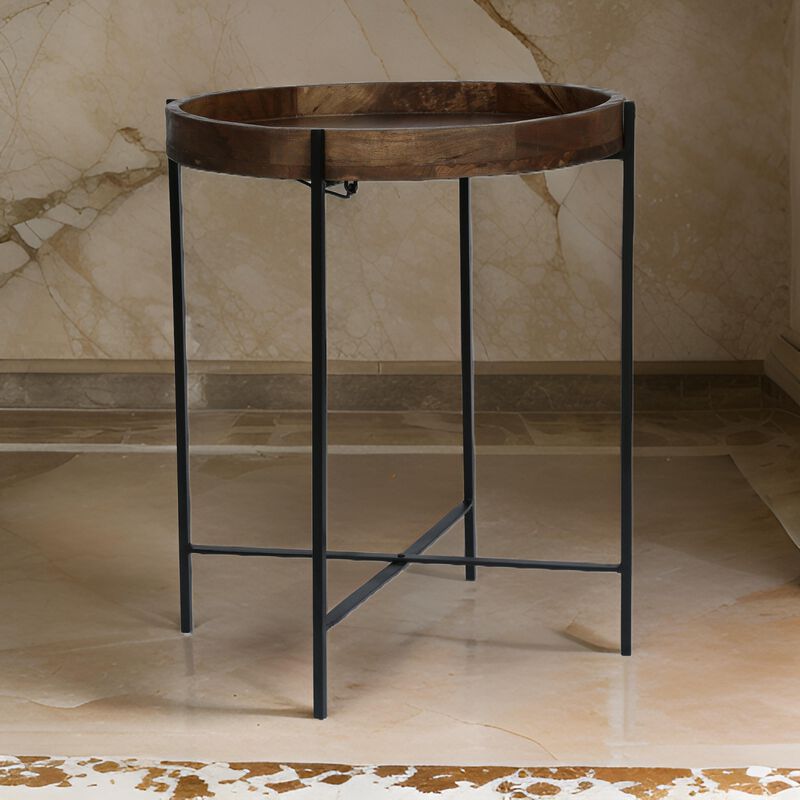 Peo Modern Side End Table, 22 Inch Round Wood Tray, Black Metal Base - Benzara
