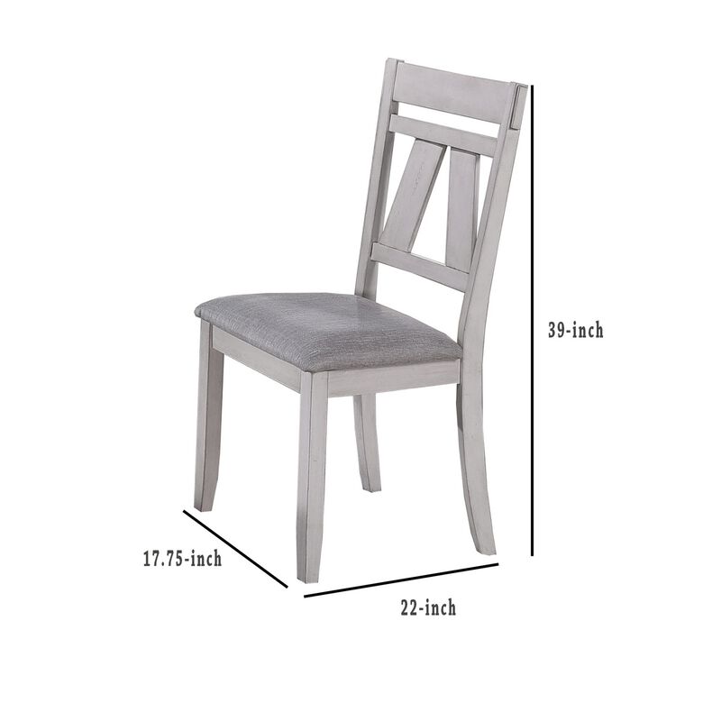 Wooden Side Chair with Fabric Upholstered Seat, Set of 2, White and Gray - Benzara