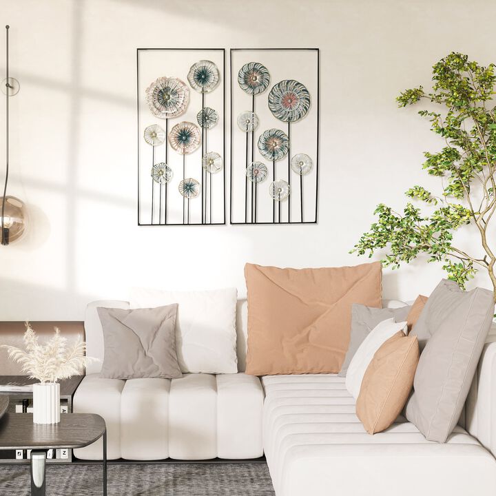 Blue/Silver/Gold Decor: 3D Metal Wall Art Set with Modern Flower Design