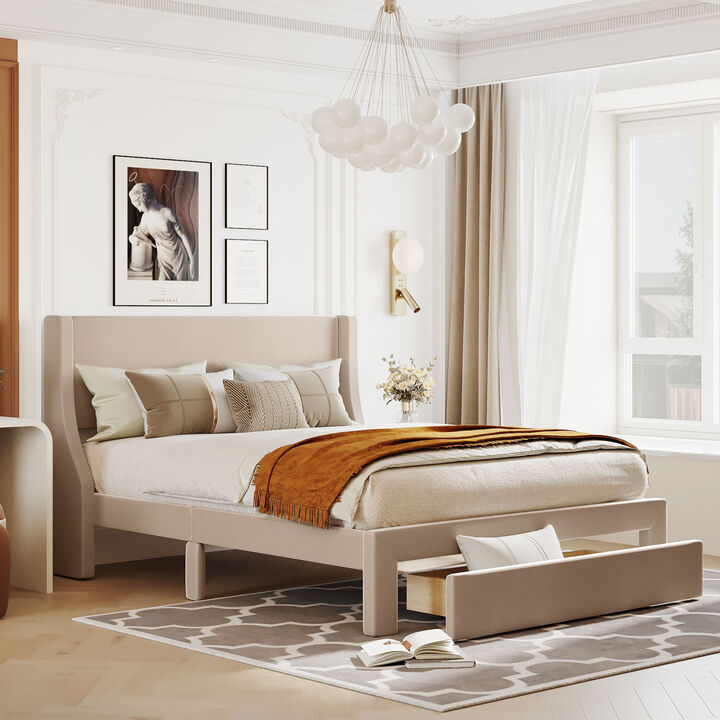 Queen Size Storage Bed Velvet Upholstered Platform Bed with a Big Drawer