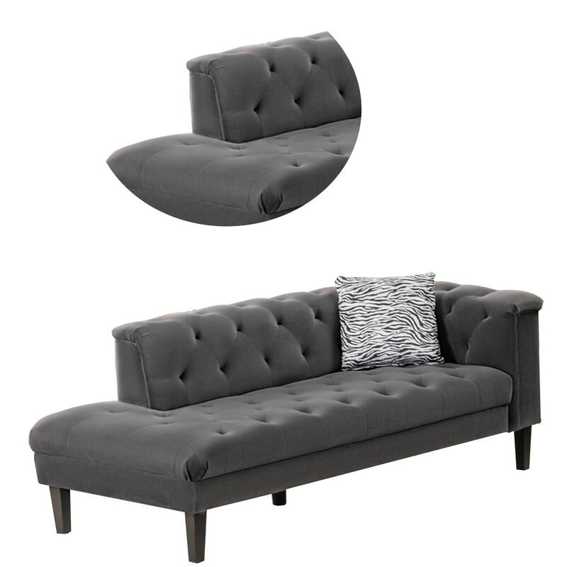 Aki 77 Inch Chaise Lounger with Pillow, Deep Button Tufted, Gray Velvet-Benzara