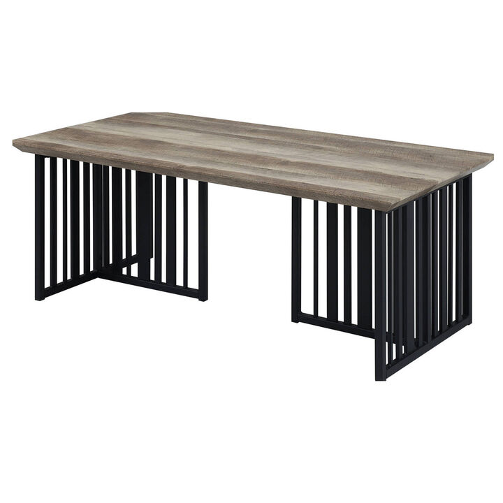 Nori 47 Inch Coffee Table, Distressed Brown Top, Black Metal Slatted Base - Benzara