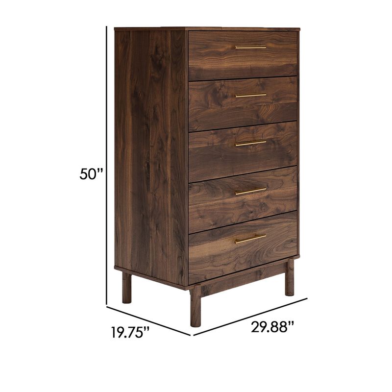 Kip 50 Inch 5 Drawer Modern Tall Dresser Chest, Dark Brown, Gold Handles-Benzara