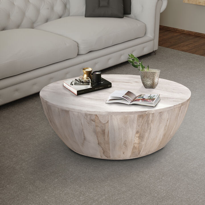 Arthur 35.5 Inch Round Mango Wood Coffee Table, Subtle Grains, Distressed White - Benzara