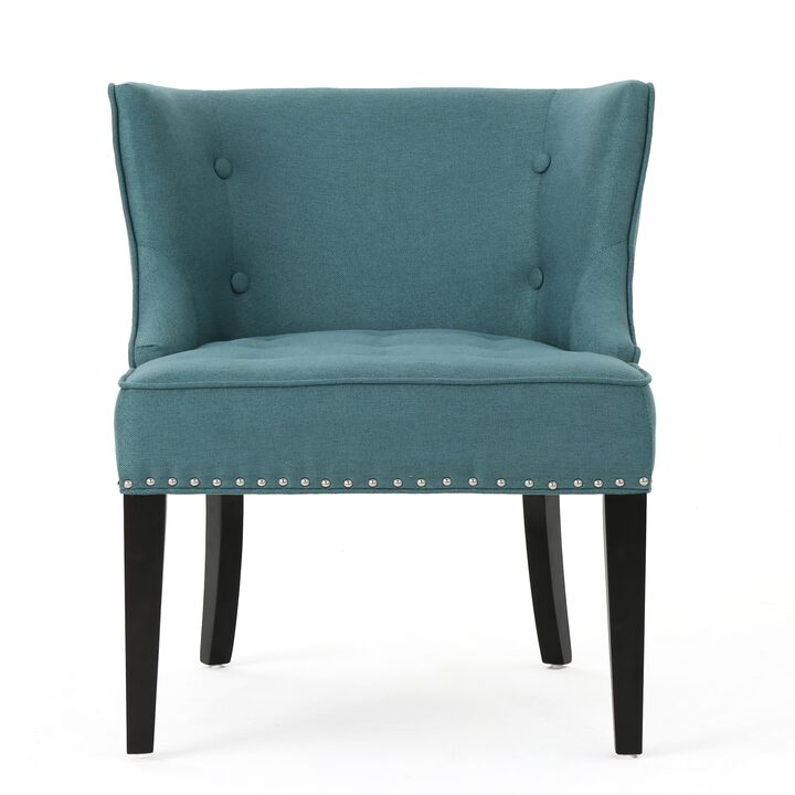 Samuel Accent Chair, Button Tufted Waffle Stitch Teal Fabric, Brown Wood - Benzara