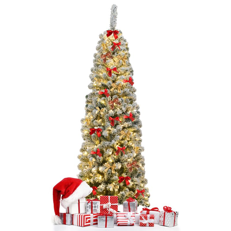 Pre-lit Snow Flocked Artificial Pencil Christmas Tree for Elegant, Space-Saving Holiday Decor with a Wintery Touch