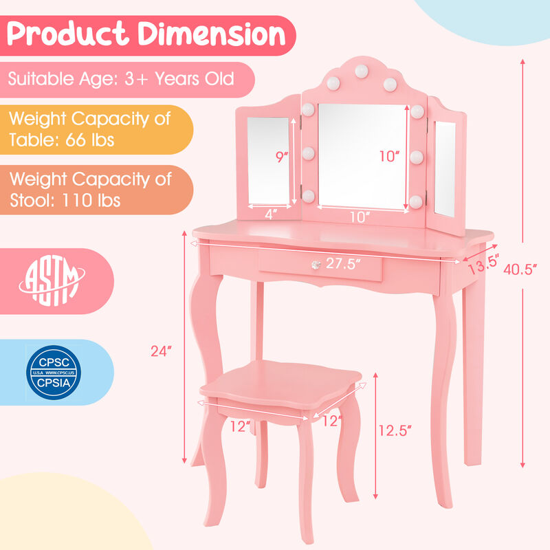 Kid Vanity Table Stool Set with Tri-Folding Mirror and 3-Color LED Lights