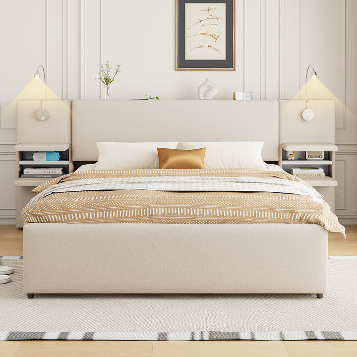 Merax Upholstered Platform Bed with Reading Lights
