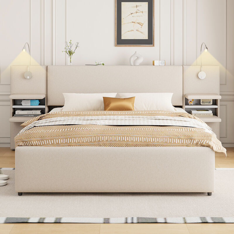 Merax Upholstered Platform Bed with Reading Lights