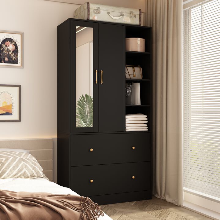 Black Wood 35.5 in. W Armoires Wardrobe With Mirror, Pulling Hanging Rod, Drawers, Shelves 15.8 in. D x 70.8 in. H