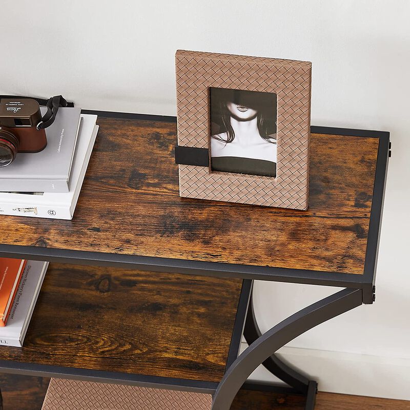 Versatile Hallway Table with Curved Frames - Rustic Brown and Black, 2 Open Shelves