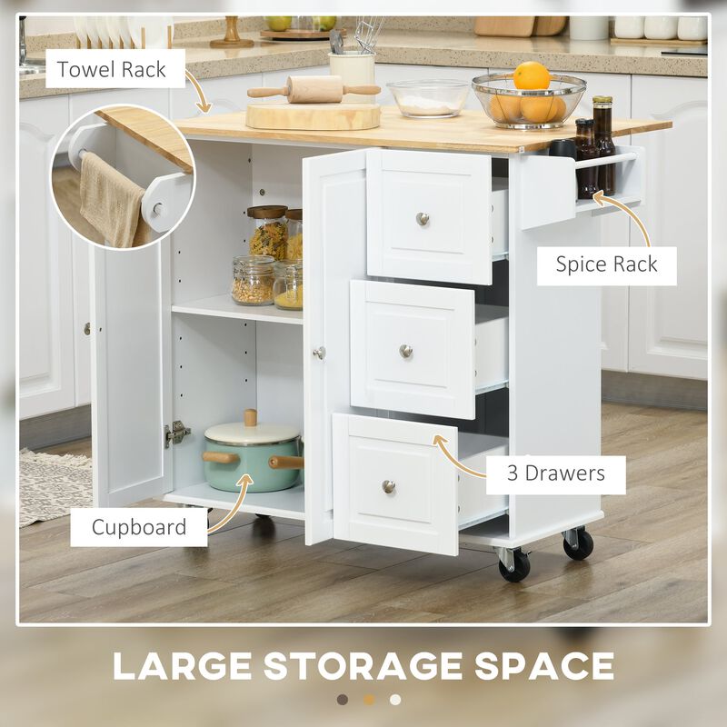 White Kitchen Helper: Rolling Island Cart with Drop Leaf & Storage