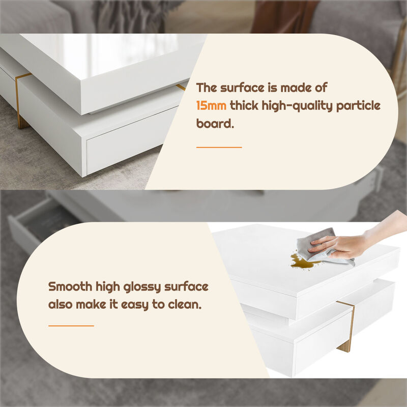 High Gloss 4-Drawer Coffee Table, Multi Storage, Wood Grain Legs, 31.5"X31.5", White