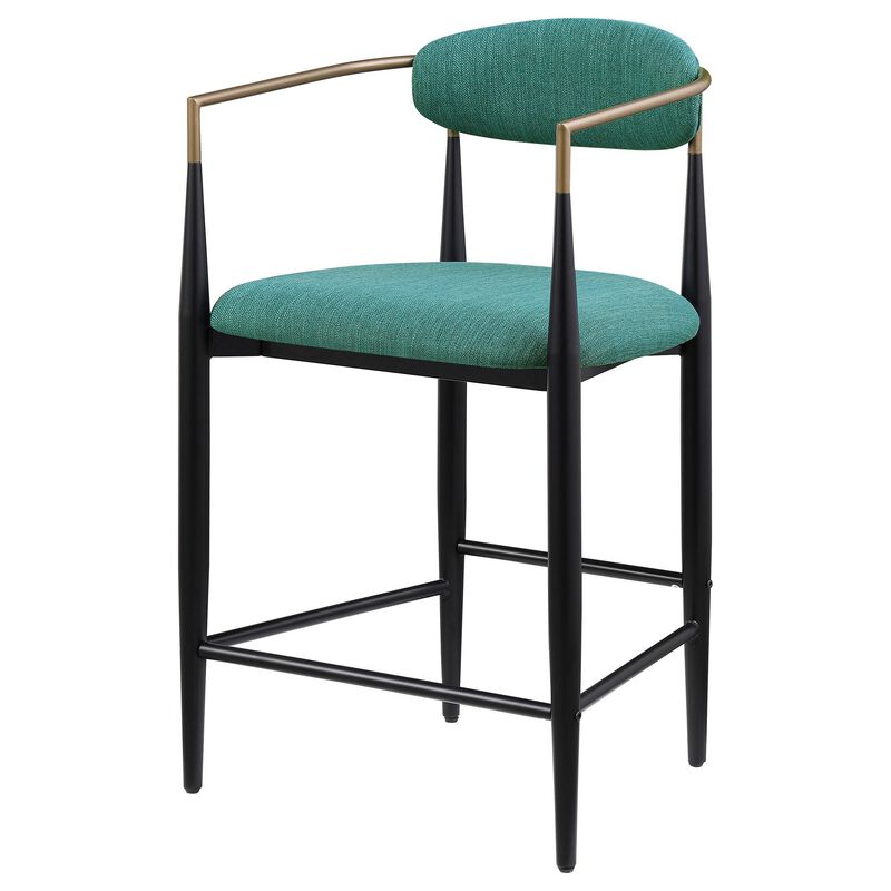 Tiara Counter Height Chair Set of 2, Teal Green, Black Metal 25 Inch - Benzara