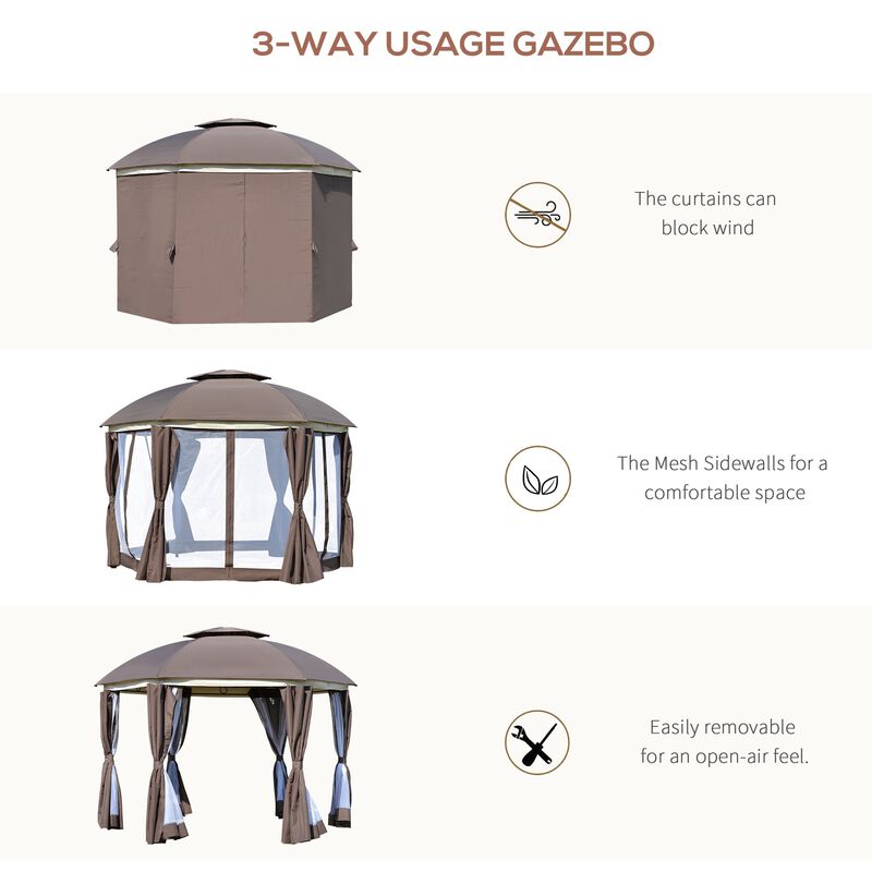 Brown Outdoor Pavilion: 12x12 Steel Gazebo with Double Roof