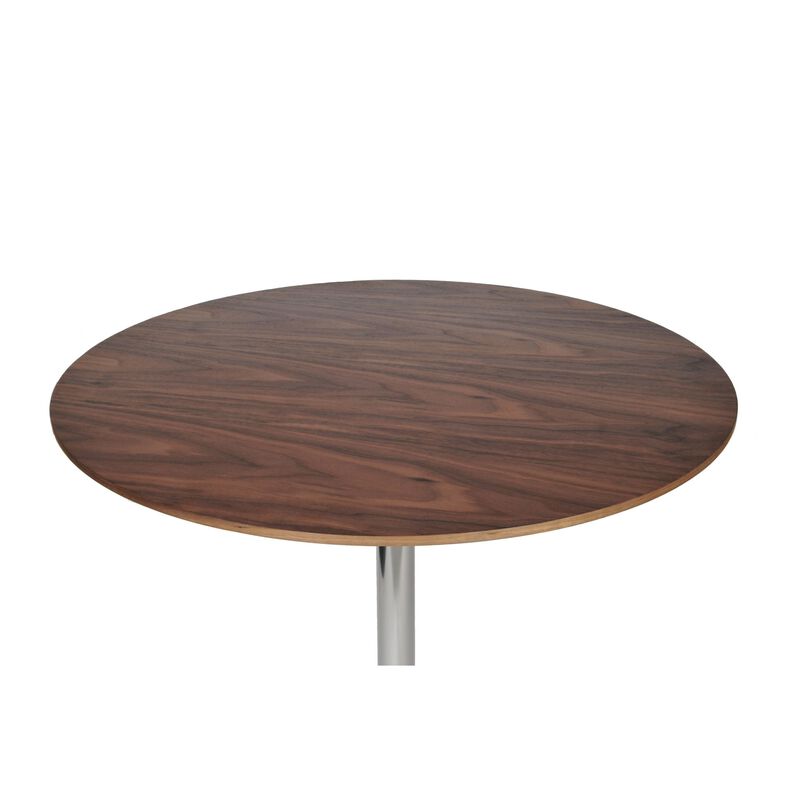 42 Inch High Bar Table, Walnut Brown Round Top, Modern Metal Pedestal Base - Benzara