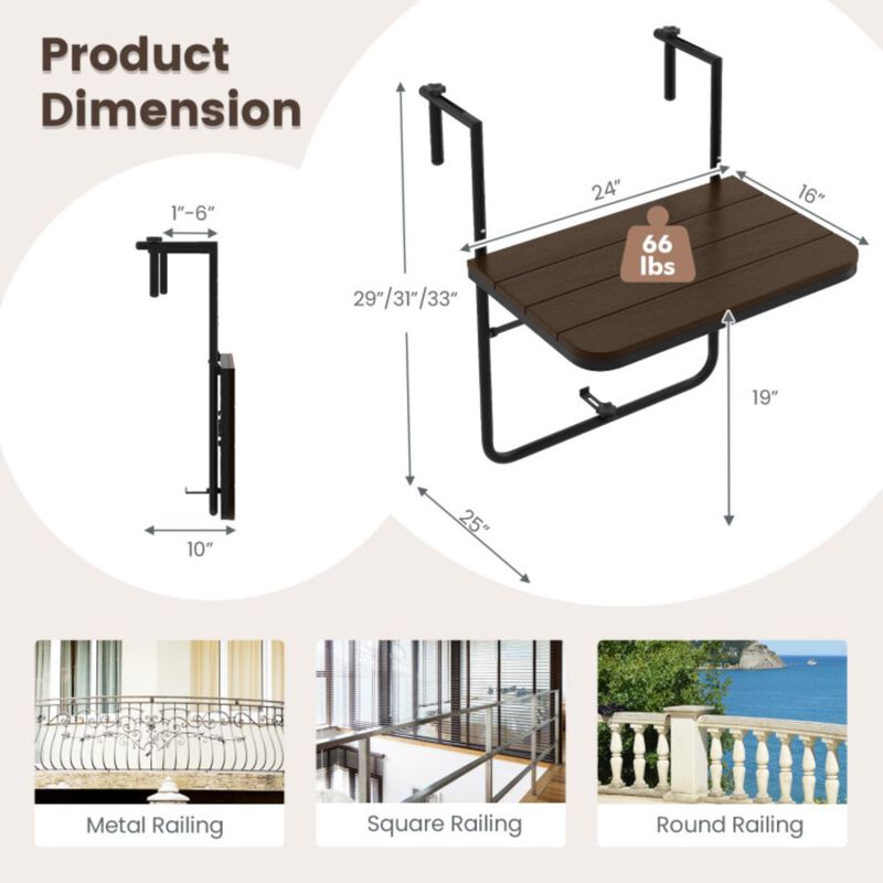 Hivvago Folding Hanging Table with 3-Level Adjustable Height for Patio Balcony