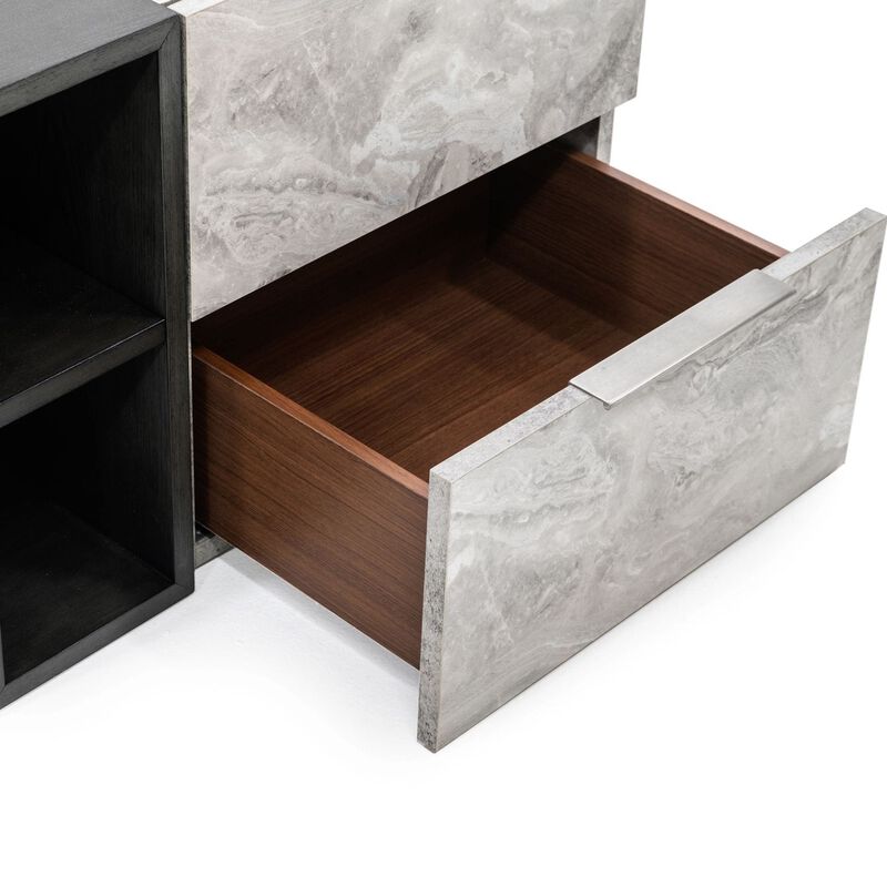 Noe Minn 26 Inch Nightstand, 2 Drawers, Faux Marble Front Panels, Gray-Benzara