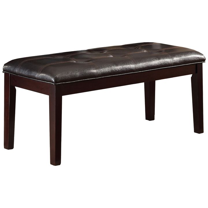 Button Tufted Faux Leather Upholstered Wooden Bench, Espresso Brown - Benzara