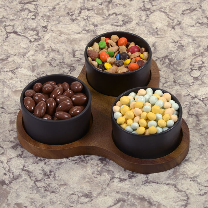 Triangular Serving Set with 3 Black Ceramic Dishes